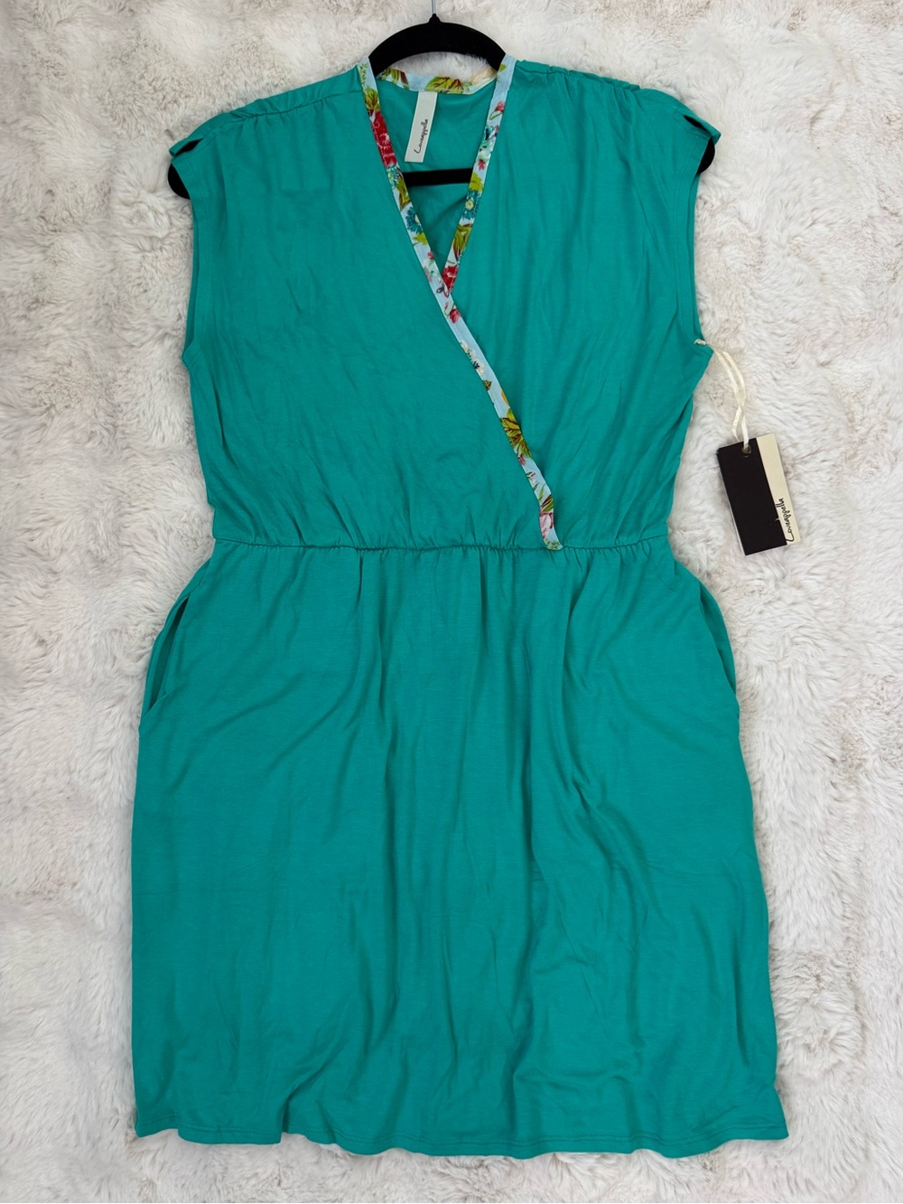 Loveappella Teal Wrap Style Dress with Multicolor Floral Trim